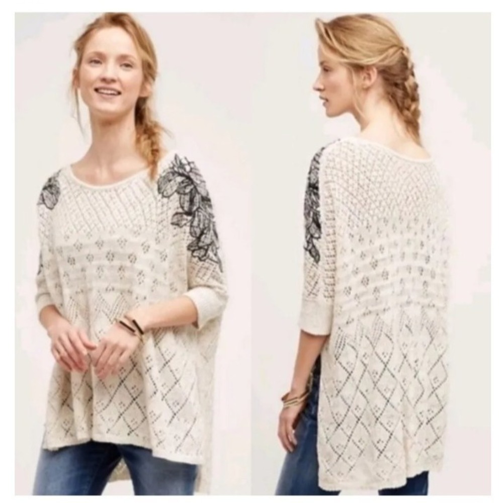 Anthropologie Knitted Knotted Sweater Embroidered Diamond Boho Women Top XS/S